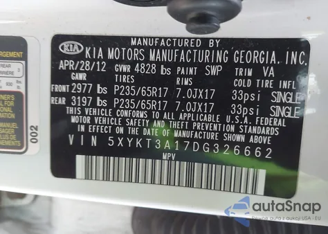 2013 Kia Sorento Lx из США, поврежденный, VIN 5XYKT3A17DG326662